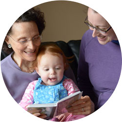 a baby sits on their grandmother's lap and reads a book while their mother looks on